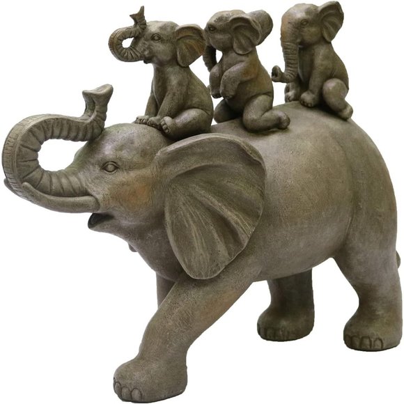 8" H Gray 3 Baby Elephants Riding an Elephant Resin Statue  Home Decor - Picture 1 of 5